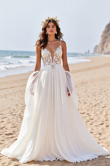 Appliqued White A Line Long Wedding Dress